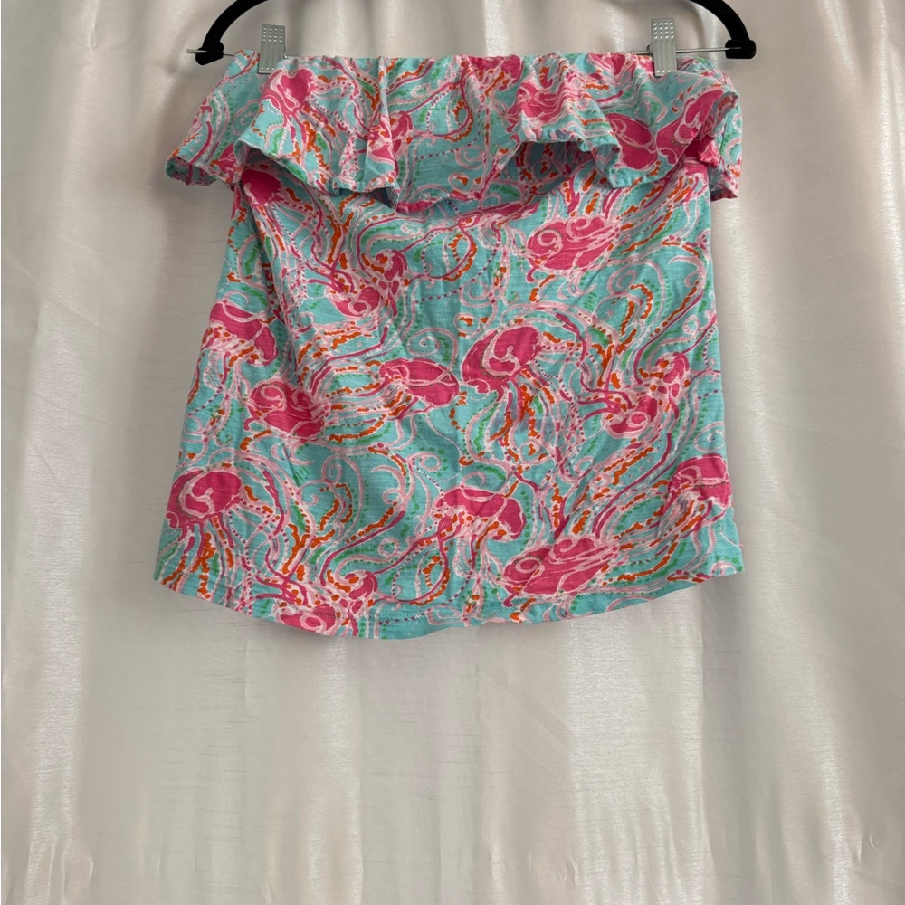 Lilly Pulitzer Ruffle tube Top in Aqua & Pink Jellyfish Print- size medium - Picture 2 of 4